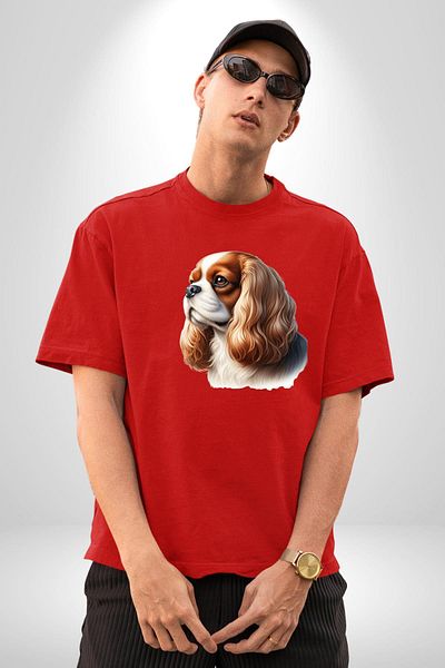 Angemiel Cavalier King Charles Spaniel Dog Design Red Oversize Women's Men's Front Printed T-Shirt