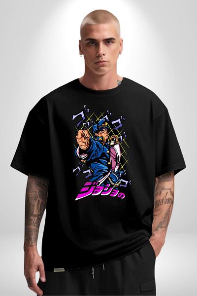 Angemiel Jojo's Bizarre Adventure Jotaro Anime Character Black Oversize Women Men Front Printed T-Shirt