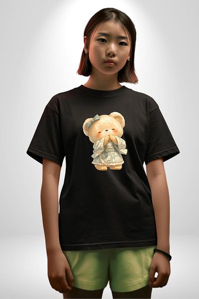Angemiel Blue Floral Kimono Dress Teddy Bear Black Oversize Women's Men's Front Printed T-Shirt