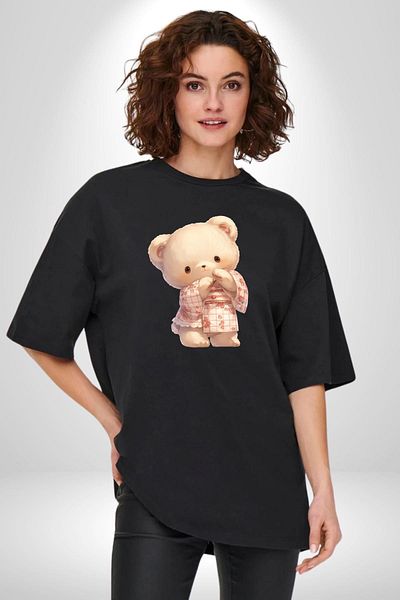 Angemiel Pink Floral Teddy Bear Patterned Black Oversize Women's Men's Front Printed T-Shirt