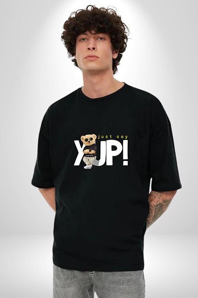 Angemiel Just Say Yes! Teddy Bear Young Cute Black Oversize Women's Men's Front Printed T-Shirt