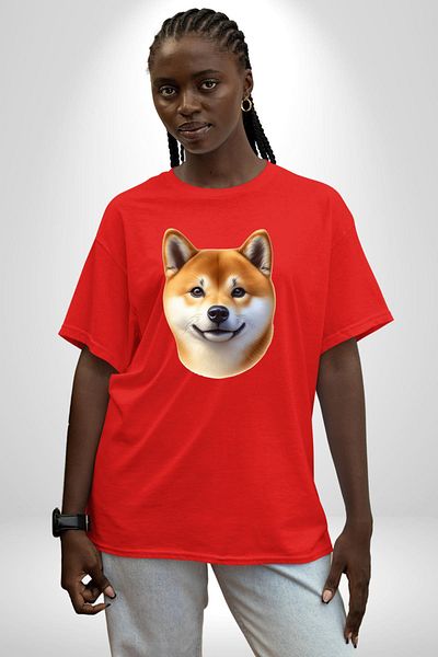 Angemiel Shiba Inu Cute Affection Dog Design Red Oversize Women's Men's Front Printed T-Shirt