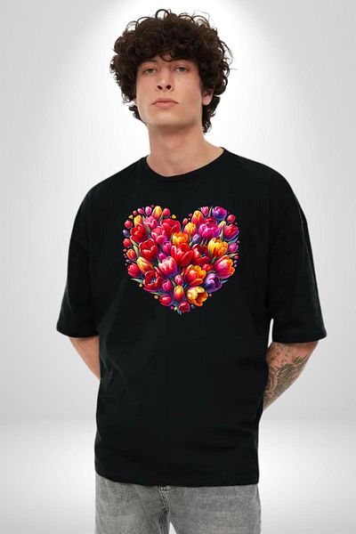 Angemiel Tulip Spring Icon of Beauty Black Oversize Women's Men's Front Printed T-Shirt