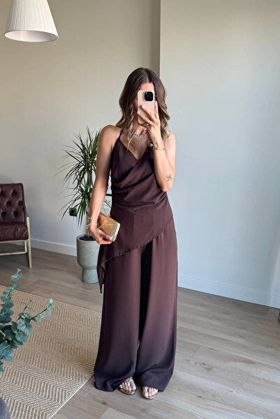 Sue Store Σετ παντελόνι με ασύμμετρη μπλούζα Bitter Brown Halter