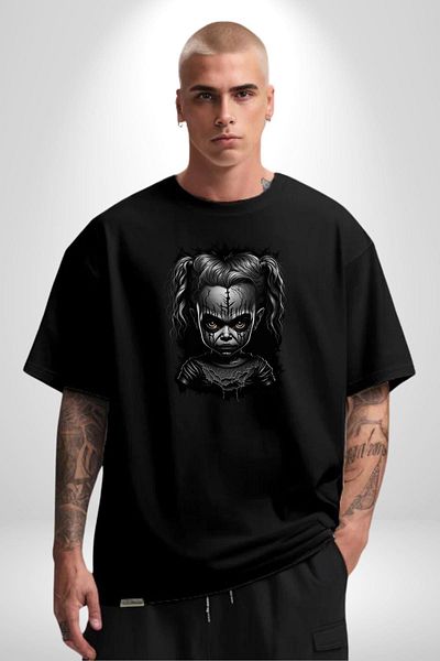 Angemiel Dark Child Cursed Doll Figured Gothic Black Oversize Women's Men's Front Printed T-Shirt