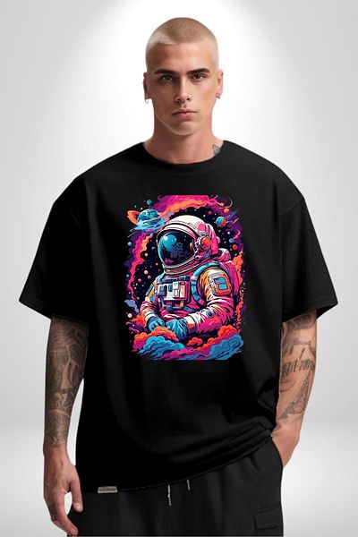 Angemiel Colorful Galaxy Astronaut Space and Loneliness Black Oversize Women's Men's Front Printed T-Shirt