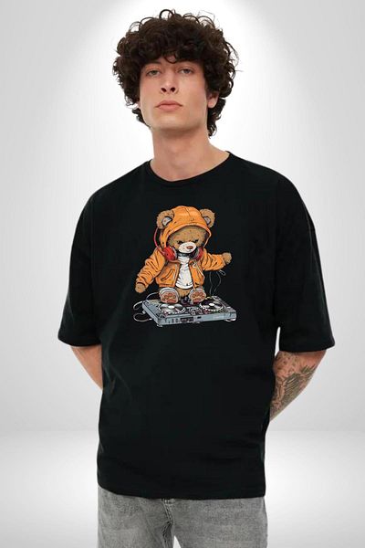 Angemiel Dj Teddy Bear Music Themed Hooded Teddy Black Oversize Women's Men's Front Printed T-Shirt
