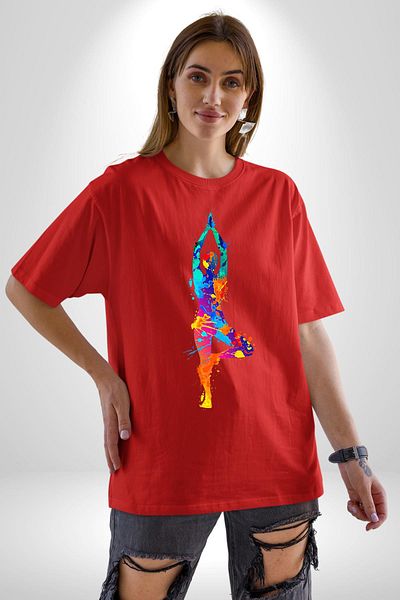Angemiel Colorful Yoga, Meditation and Spiritual Themes Red Oversize Women's Men's Front Printed T-Shirt