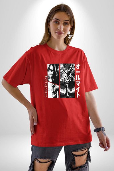 Angemiel My Hero Academia All Might Anime Red Oversize Women's Men's Front Printed T-Shirt