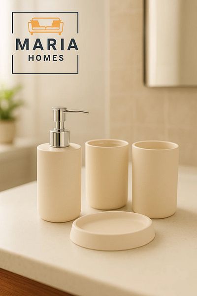 MARIA HOMES Matte Cream Resin Bathroom Accessory Set – 4 Pieces set
