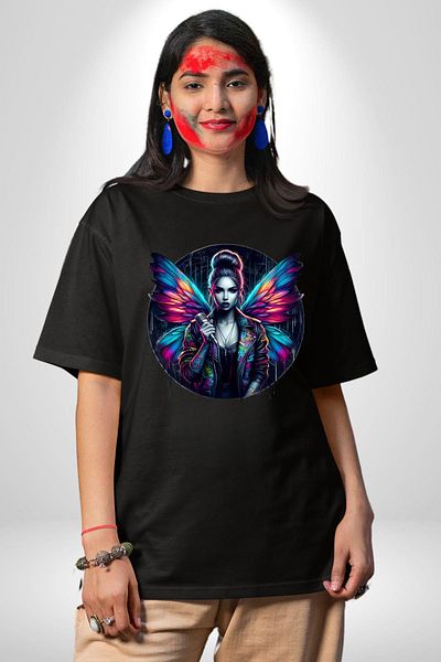 Angemiel Energetic Street Style Winged Design Black Oversize Women's Men's Front Printed T-Shirt
