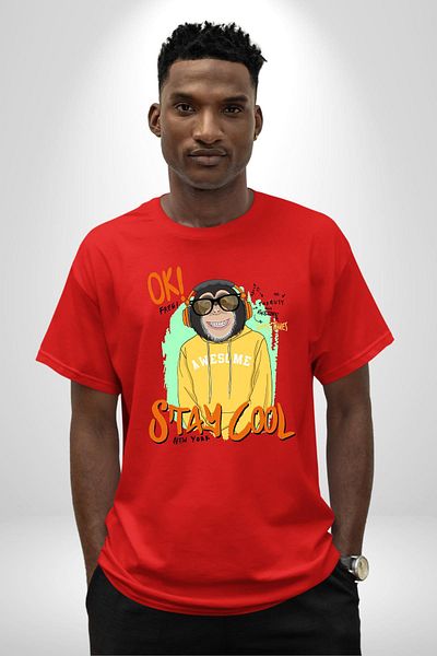 Angemiel Stay Cool Fun Monkey Graphic Red Oversize Women's Men's Front Printed T-Shirt