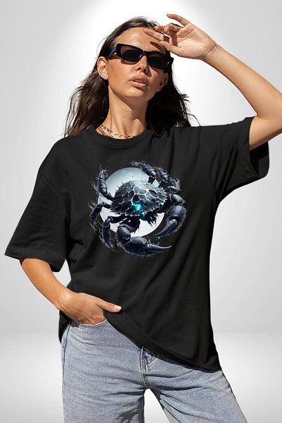 Angemiel Cancer Zodiac Sign Special Design Black Oversize Women's Men's Front Printed T-Shirt