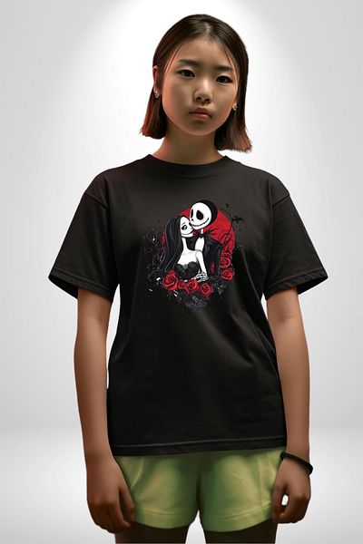 Angemiel Horror and Romance Themed Jack & Sally Black Oversize Women's Men's Front Printed T-Shirt