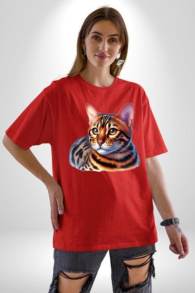 Angemiel Bengal Cat Red Oversize Women's Men's Front Printed T-Shirt