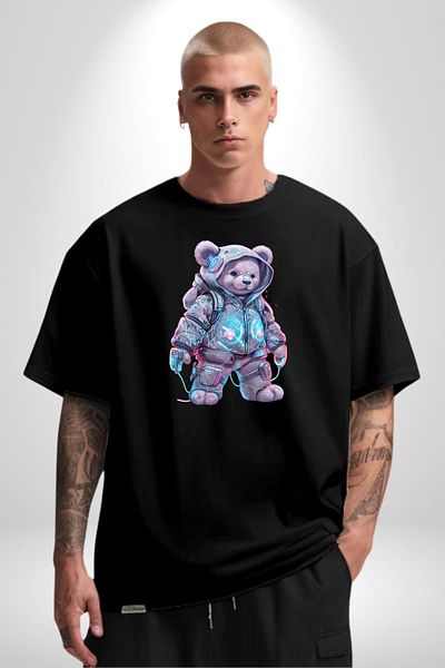 Angemiel Digital Dreamer Teddy Bear Futuristic Black Oversize Women's Men's Front Printed T-Shirt