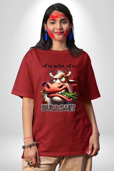 Angemiel Full of  Funny Cow Design Red Oversize Women's Men's Front Printed T-Shirt