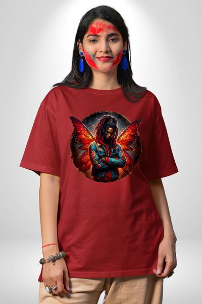 Angemiel Red Rasta Hip Hop Men's Fairy Red Oversize Women's Men's Front Printed T-Shirt