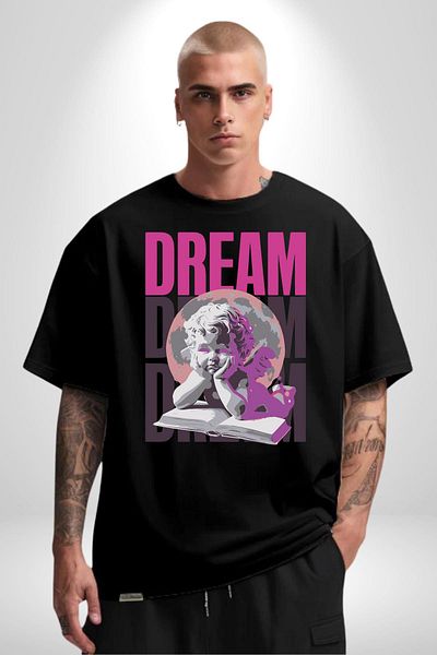 Angemiel Angels' Dream Angel and Dream Black Oversize Women's Men's Front Printed T-Shirt