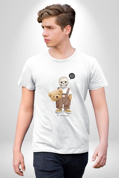 Angemiel تي شيرت مطبوع عليه Be Yourself Bear Bear Teddy أبيض كبير الحجم للنساء والرجال مطبوع من الأمام
