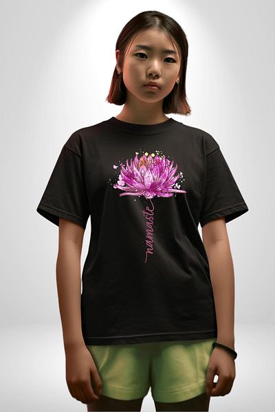 Angemiel Purple Lotus Flower and Namaste Written Yoga Black Oversize Women's Men's Front Printed T-Shirt