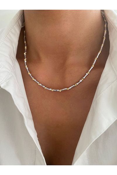 MagicStone Dorika Detailed Thin Tube Silver Draped Necklace