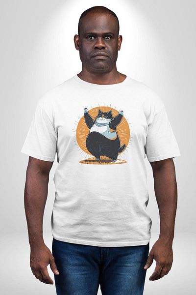 Angemiel Funny Fat Yoga Cat White Oversize Women Men Front Printed T-Shirt