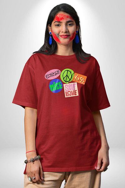 Angemiel Peace Positive Energy Stickers Red Oversize Women Men Front Printed T-Shirt
