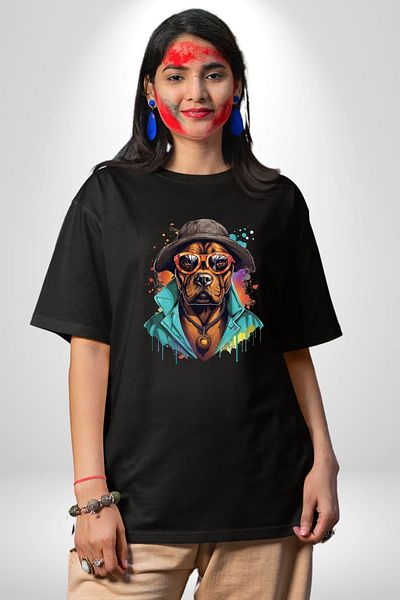 Angemiel  Style Pendant Cool Dog Black Oversize Women's Men's Front Printed T-Shirt