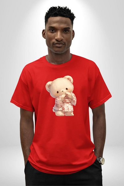 Angemiel Pink Floral Teddy Bear Patterned Red Oversize Women's Men's Front Printed T-Shirt