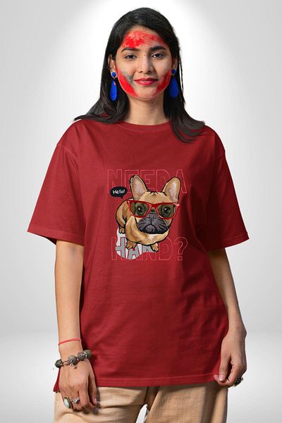 Angemiel Need a Hand Printed Funny and Cute Design Red Oversize Women's Men's Front Printed T-Shirt