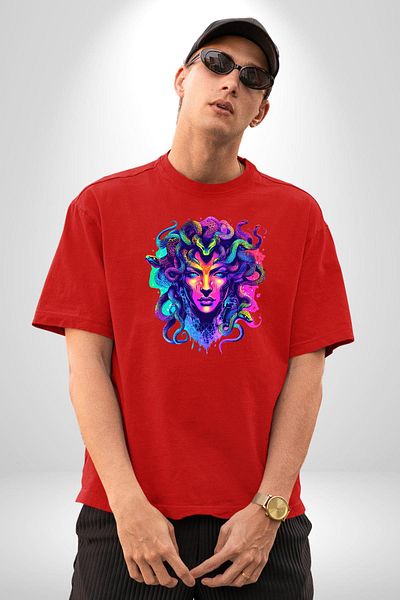 Angemiel Medusa with Snake Hair Red Oversize Women's Men's Front Printed T-Shirt