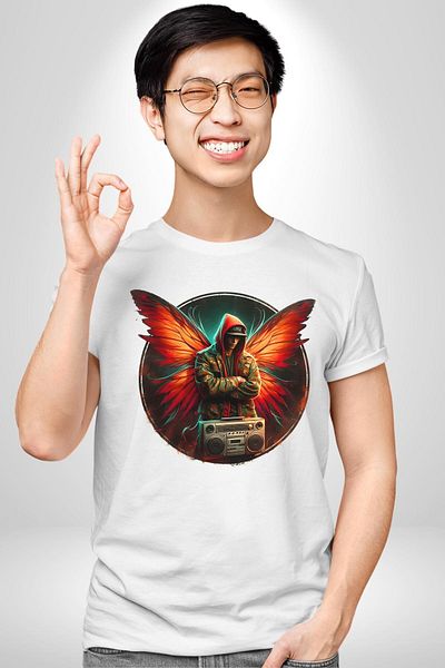 Angemiel تي شيرت مطبوع من الأمام بتصميم الجيل الجديد من Music and Wings باللون الأبيض للنساء والرجال