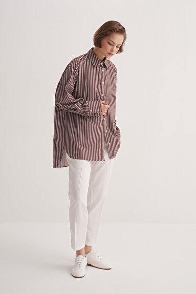 EBU Prive Γυναικείο πουκάμισο Poplin oversized με ρόμπα ριγέ καφέ