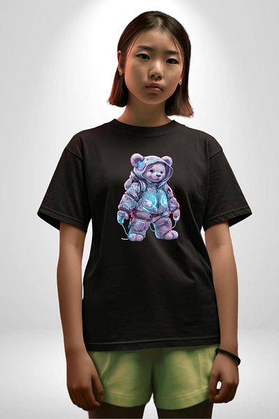 Angemiel Digital Dreamer Teddy Bear Futuristic Black Oversize Women's Men's Front Printed T-Shirt