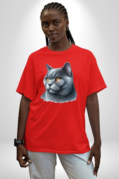 Angemiel British Shorthair Cat Red Oversize Women's Men's Front Printed T-Shirt