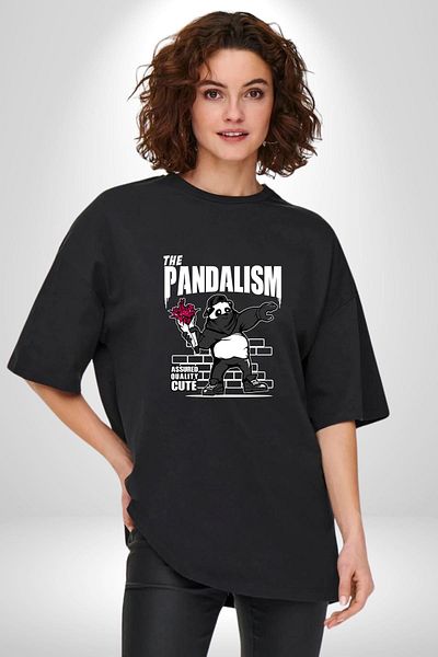 Angemiel Panda Art Vandalism Flower Throwing Bear Black Oversize Women Men Front Printed T-Shirt