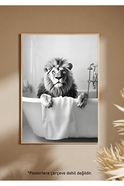 One Little Happiness Αφίσα LION IN SHOWER Αισθητική αφίσα τοίχου, αφίσα χωρίς...