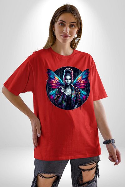 Angemiel Energetic Street Style Winged Design Red Oversize Women's Men's Front Printed T-Shirt