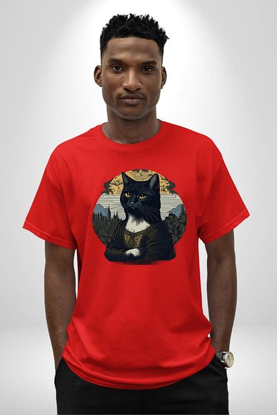 Angemiel Mona Lisa Imitation Cat Design Red Oversize Women's Men's Front Printed T-Shirt