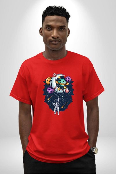 Angemiel Astronaut Balloon Star Moon Planet Red Oversize Women Men Front Printed T-Shirt