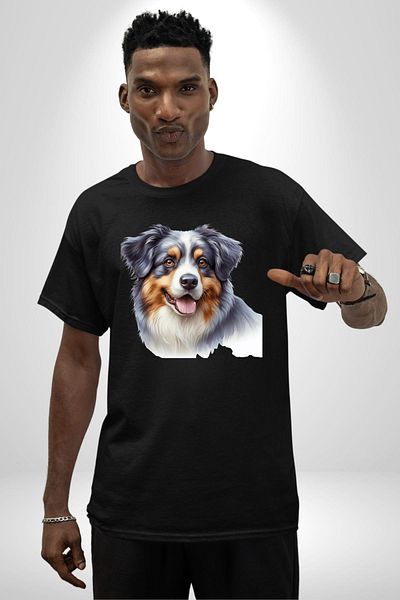 Angemiel Clever Australian Shepherd Dog Design Black Oversize Women's Men's Front Printed T-Shirt