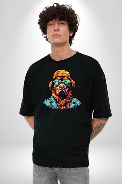 Angemiel Cool Dog with Orange Bandana Black Oversize Women's Men's Front Printed T-Shirt