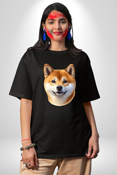 Angemiel Shiba Inu Cute Affection Dog Design Black Oversize Women Men Front Printed T-Shirt