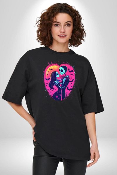 Angemiel Fear and Love Themed Jack & Sally Valentine's Day Black Oversize Women's Men's Front Printed T-Shirt