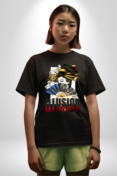 Angemiel Mysterious Geisha Illusion Black Oversize Women Men Front Printed T-Shirt
