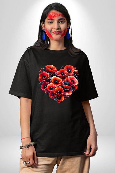 Angemiel Poppy Flowers Growing with Love Love in Your Heart Black Oversize Women's Men's Front Printed T-Shirt