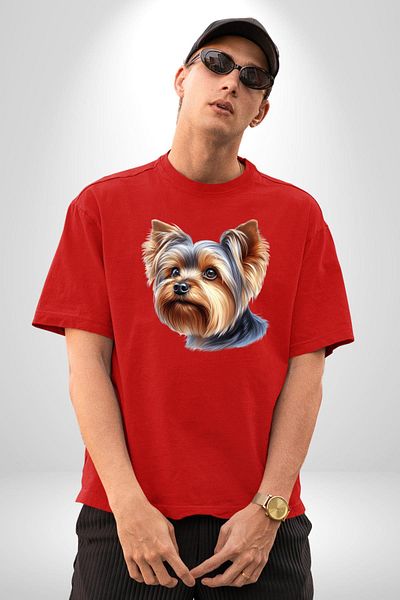 Angemiel Yorkshire Terrier Teacup Mini Dog Love Red Oversize Women Men Front Printed T-Shirt
