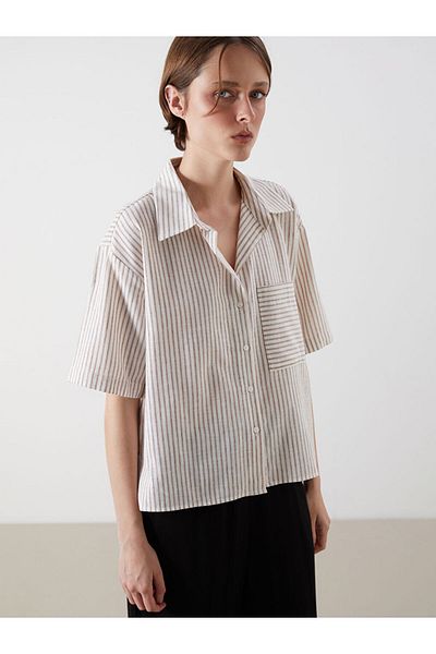 LC Waikiki Beige Striped Linen Blend Women's Shirt
