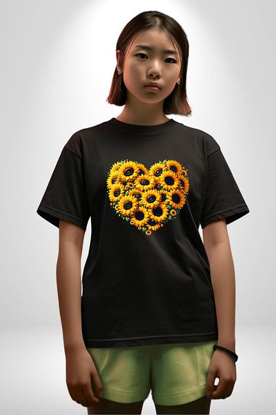 Angemiel Special Design Heart Spring Black Oversize Women's Men's Front Printed T-Shirt with Sunflower